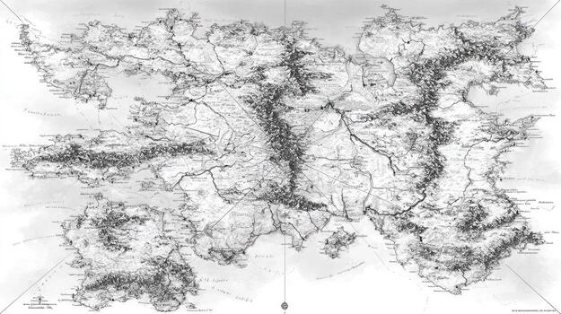 Detailed grayscale map of a fantasy land with mountains, rivers, and coastlines photo
