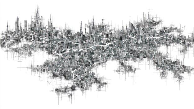 Dense, sprawling abstract cityscape rendered in detailed, fine line work photo