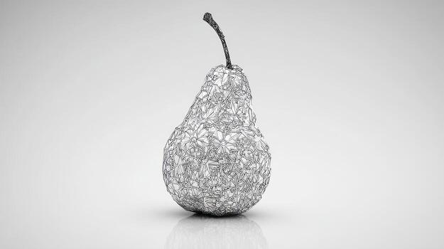 Silver, textured pear on grey surface, dark stem, with soft lighting photo
