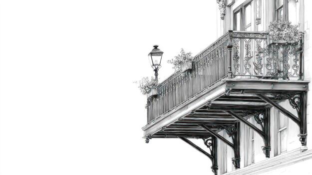 Decorative balcony, ornate railing, planters, lamp against a white background photo