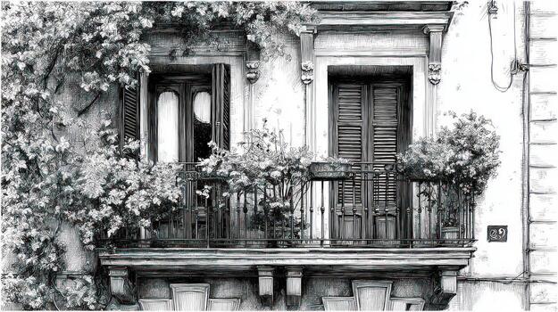 Old building facade with two balconies and vegetation, sketched photo