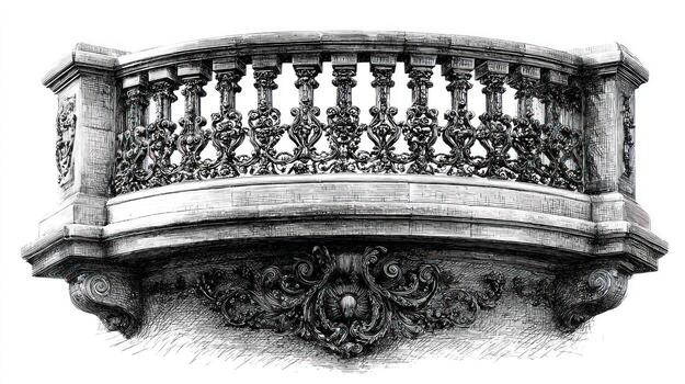 Ornate stone balcony with iron railing, intricate carvings photo