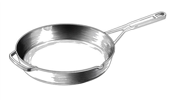 Detailed line art of a round skillet pan with a long handle, angled view photo