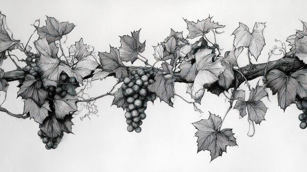 Grapevine drawing bunches of grapes hanging from a branch with leaves photo