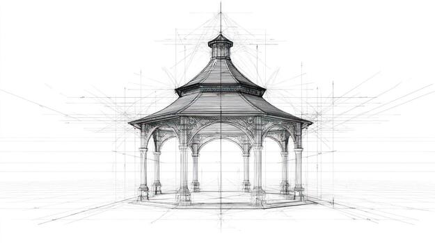 Gazebo sketch detailed architectural perspective drawing on white background photo