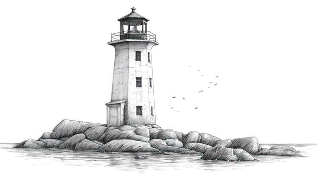 Grayscale lighthouse illustration on rocks, open water, few birds photo