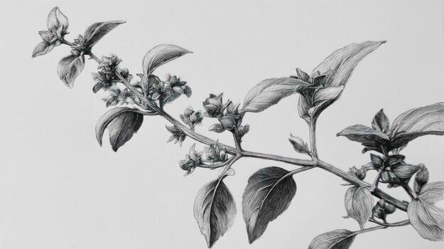Detailed pencil drawing of a basil stem with leaves, buds, and flower clusters photo