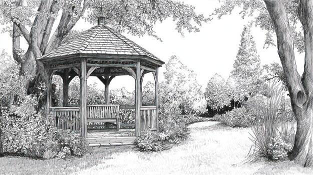 Grayscale detailed sketch of a gazebo surrounded by trees and foliage photo