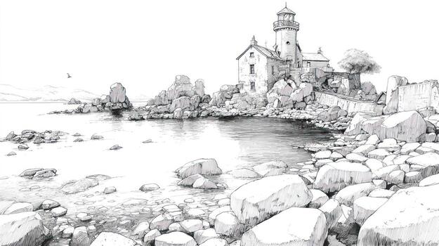 Pencil sketch of lighthouse on rocky shore, water calm, distant land photo