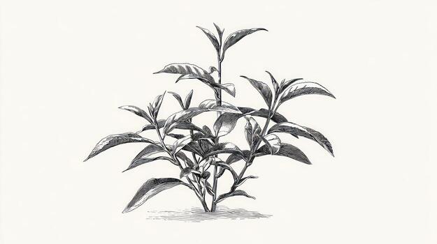 Botanical etching shows a leafy plant with elongated leaves on light background photo