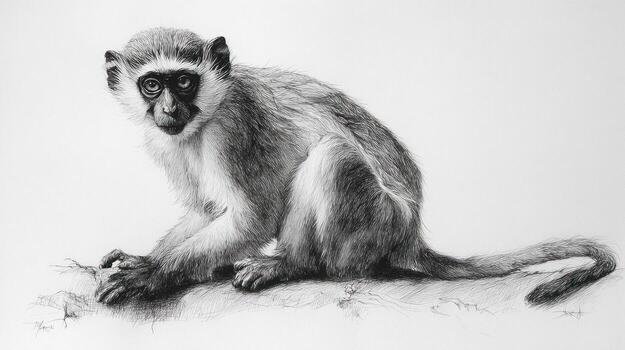 Charcoal rendering of a vervet monkey, seated and alert against a plain background photo