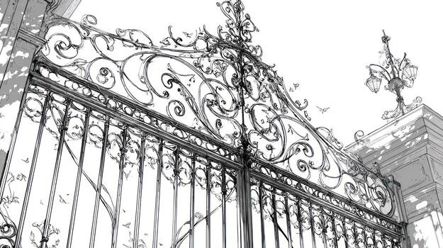 Ornate iron gate with decorative scrolls, light from sun dappling the scene photo