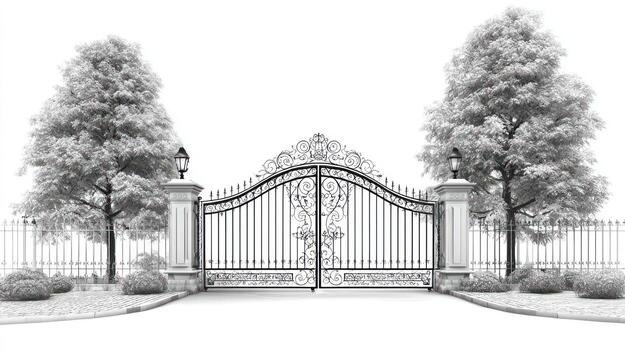 Ornate iron gate flanked by stone pillars, trees, and shrubs, in grayscale photo