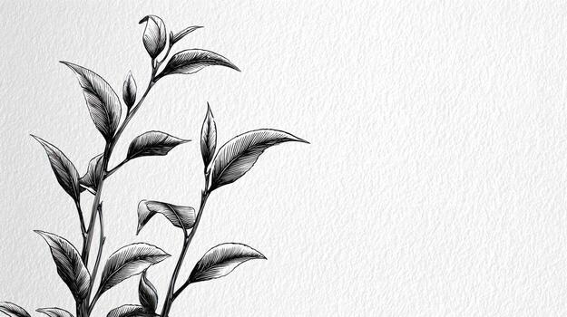 Delicate sketch of leafy sprouts with buds against a textured, white background photo
