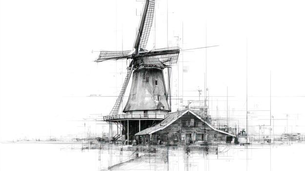 Sketch of a Dutch windmill beside a building on a horizon line photo