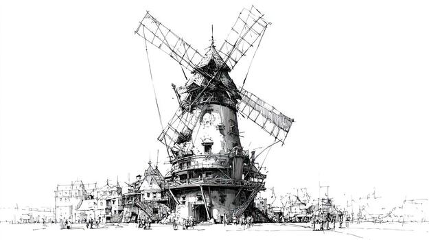 Whimsical windmill-based dwelling with intricate detail, in sketch-like style photo