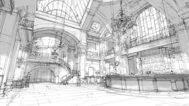 Ornate hall sketch bar, arches, skylight, stairs, columns, chandeliers photo