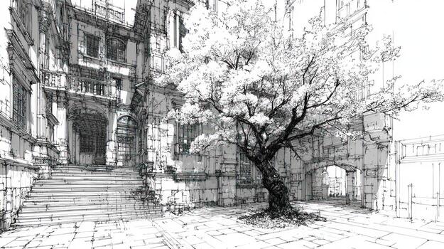 Detailed sketch of tree in a stone courtyard beside a building photo