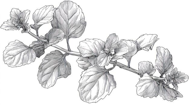 Branch of leaves, sketch style, with textured detail and grayscale shading photo