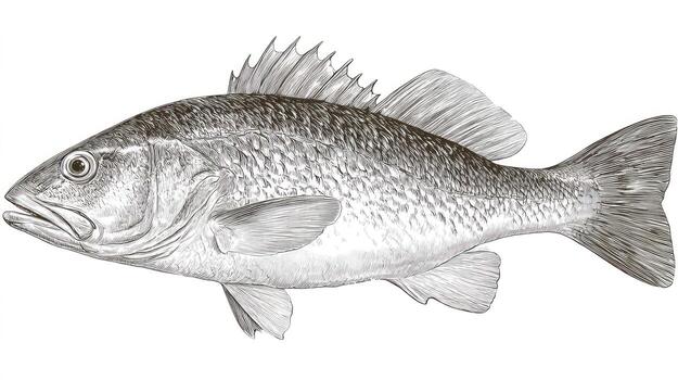 Realistic grayscale pencil drawing of a fish, side view, on a white background photo