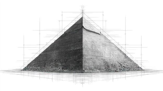 Pyramid with architectural sketch overlay in grayscale photo