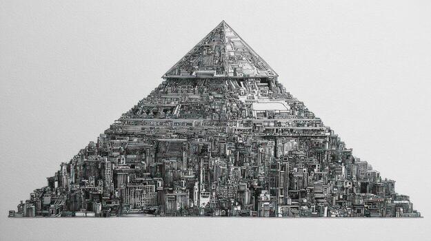 Pyramid of complex city structures, detailed line work, gray scale drawing photo
