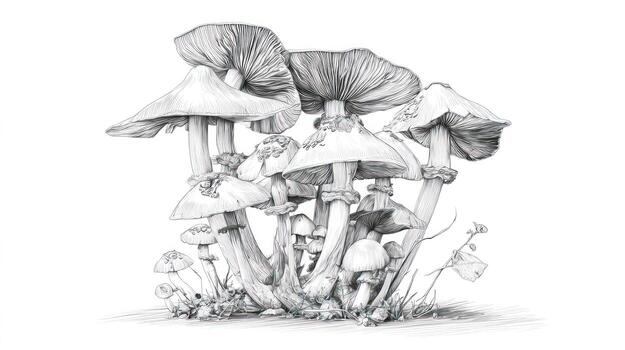 Cluster of meticulously shaded fungi, light from above photo