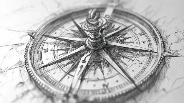 Artistic compass illustration with needle and detailed direction indicator photo
