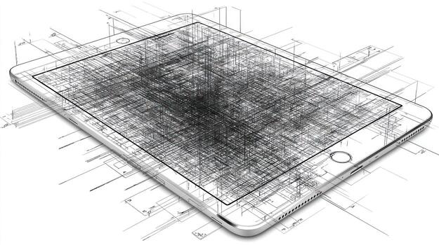 tableta superpuesto con denso como un plano líneas, perspectiva, técnico dibujo foto