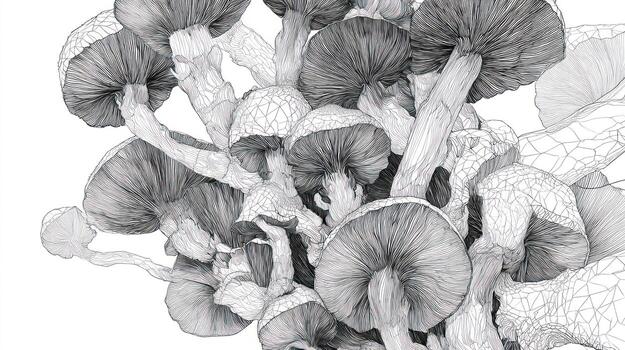 Close-up grayscale drawing of many mushrooms with detailed caps and stems photo