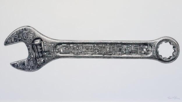 Detailed rendering of a wrench, internally filled with architectural designs photo