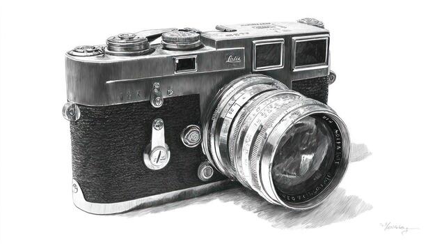 Detailed grayscale drawing of a vintage rangefinder camera on white backdrop photo