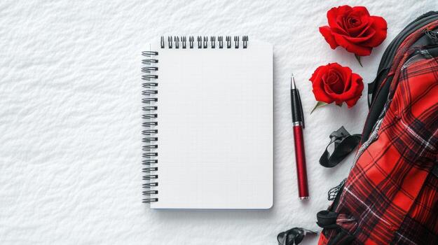 Blank notebook, pen, and roses on white fabric, with a red backpack photo