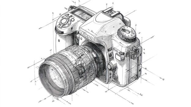 Detailed grayscale drawing of a digital SLR camera with a large lens photo