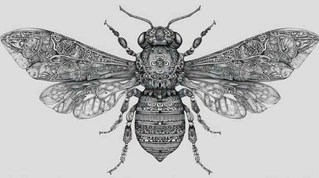 Intricate drawing of a bee with ornate, detailed patterns on its body photo