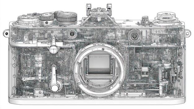 Transparent camera with intricate internal mechanics exposed in greyscale photo