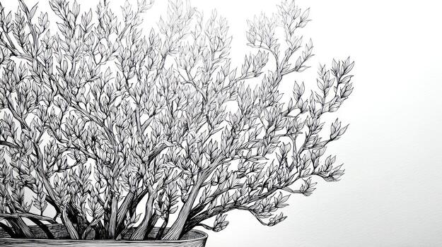 Branching plant in pot, hand-drawn art, monochrome with sparse foliage photo
