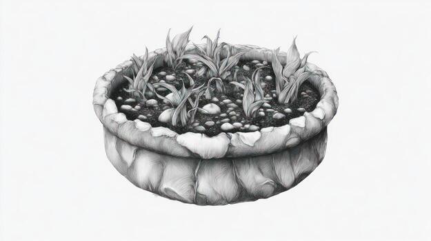 Stone planter filled with small plants and stones, sketched in graphite photo