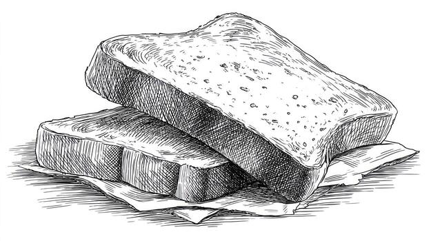 Two stacked slices of bread, resting on a crumpled paper napkin, sketched photo