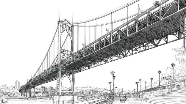 Sketched bridge structure over water with cityscape background photo