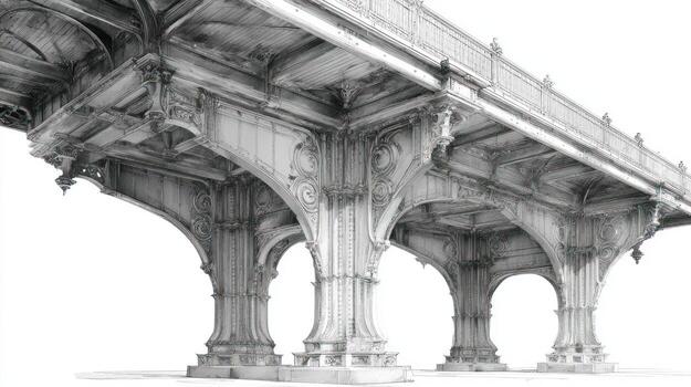 Ornate viaduct with gothic details in grayscale photo