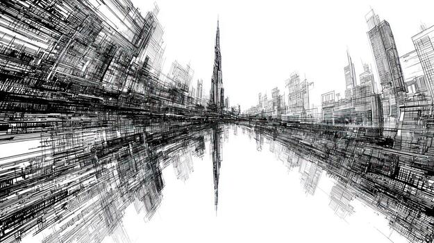 Abstract city skyline mirrored, rendered in monochrome lines photo
