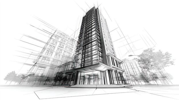 Architectural sketch tall building with perspective view photo