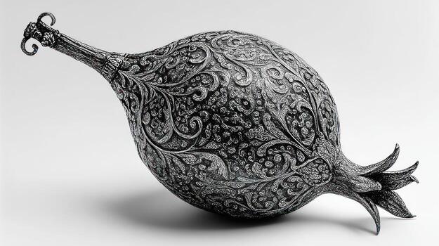 Ornate silver pod-shaped object with intricate floral scrollwork detailing photo