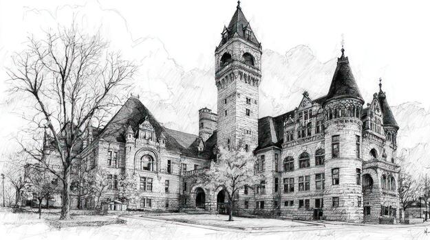 Ornate stone building with prominent tower and turrets, rendered in detailed drawing photo
