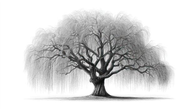 Weeping willow tree illustration, detailed branches and drooping leaves photo