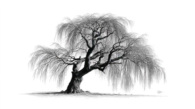 Bare weeping willow with a thick trunk and long, thin, hanging branches photo