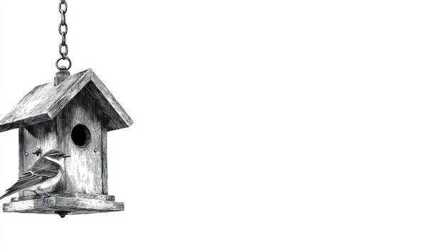 Birdhouse hanging on a chain, with small bird perched next to entry hole photo