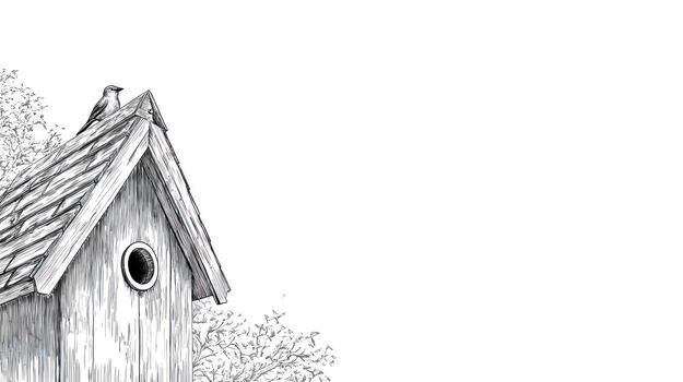 Simple birdhouse drawing, with bird perched on roof, tree photo