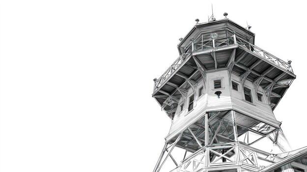 High-angle view of ornate, multi-level tower against a stark white background photo
